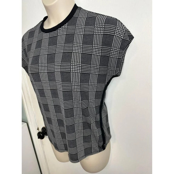 Lauren Ralph Lauren Top Large L Black Plaid Grid Round Short Sleeve Stretch B2 # - Picture 3 of 6